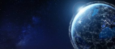 Global telecommunication network around the World with connections between data centers or satellites. Planet Earth from space, concept for connected internet, IoT, blockchain, elements from NASA