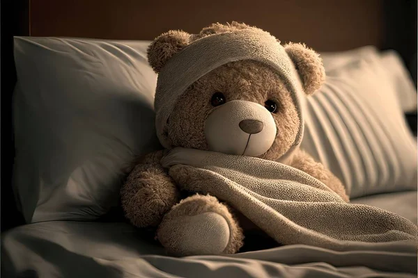 Cute teddy bear feeling unwell and sick is lying in bed.