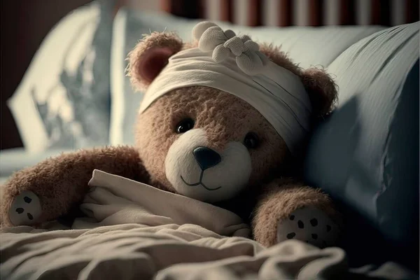 Cute teddy bear feeling unwell and sick is lying in bed.