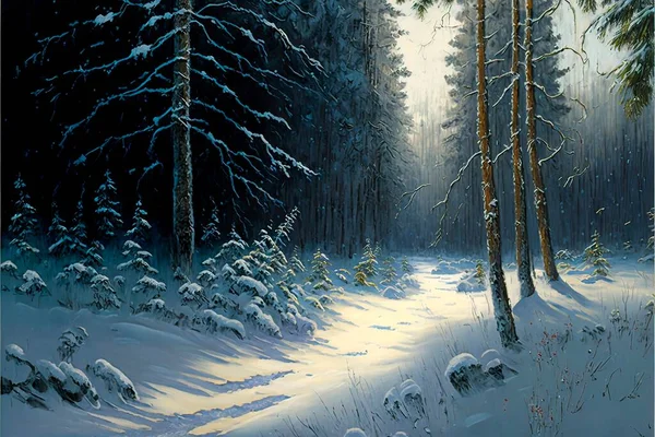 An oil painting depicts the winter solstice in an isolated, snowy forest after a snowfall.