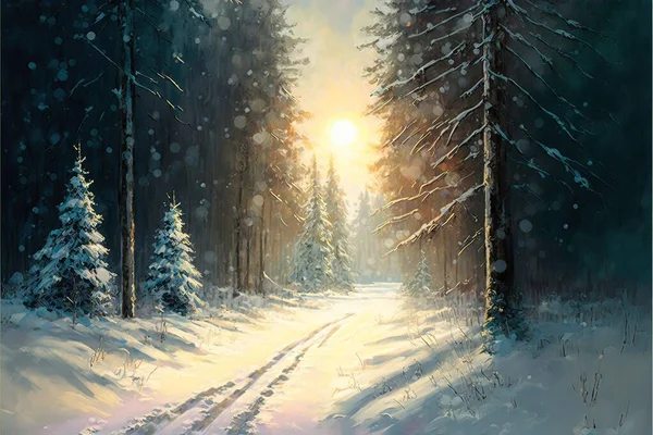 An oil painting depicts the winter solstice in an isolated, snowy forest after a snowfall.
