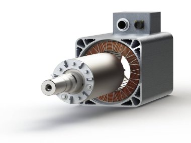 Stator and rotor for spindle drive 3D rendering isolated on white background. Electric motor parts.