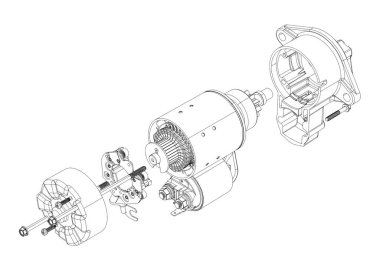 Car starter exploded view in black and white, 3D illustration isolated on white background