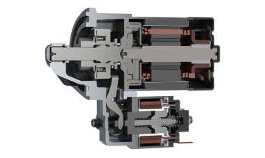 Car starter section view components, 3D rendering isolated on white background