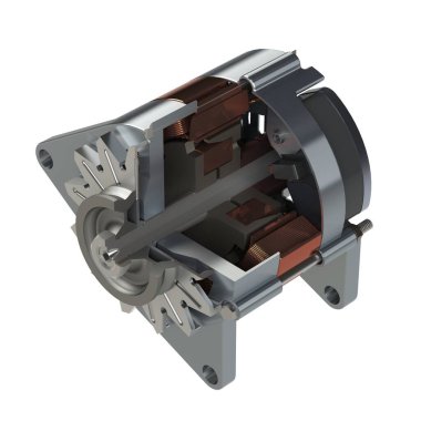 Car alternator exploded front view isolated on white background, 3D illustration isolated on white