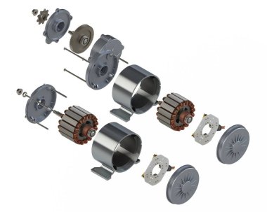 Beyaz arkaplanda izole edilmiş iki adet doğrudan akım motor parçacığı 3D montaj parçası