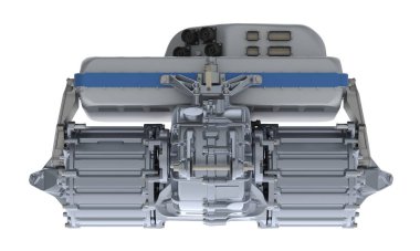 Elektrikli araç motor ön görünümü sunumu, beyaz arkaplanda 3 boyutlu görüntüleme izole edildi