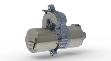 Elektrikli araba için arka motor, EV motor genel sunumu, beyaz arkaplanda 3D görüntüleme