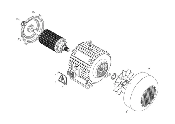 Электромотор Взорванный Вид Иллюстрация Черно Белый — стоковое фото