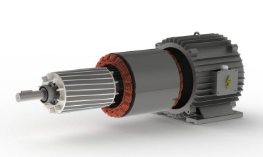 Döndürme, durağan, elektrik motoru durum durumu durumu, beyaz arkaplanda izole 3D illüstrasyon, patlamış görünüm