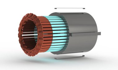 Elektrik motoru için sarmal durum, patlamış görünüm, beyaz arkaplan üzerinde 3D görüntüleme