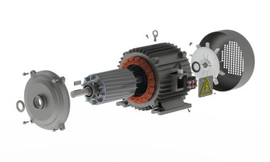 Elektrik motoru, patlamış görünüm 3D görüntüleme beyaz arkaplanda izole edildi