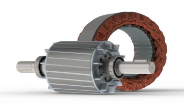 Elektrik motoru için durum ve rotor, beyaz arkaplanda 3B görüntüleme