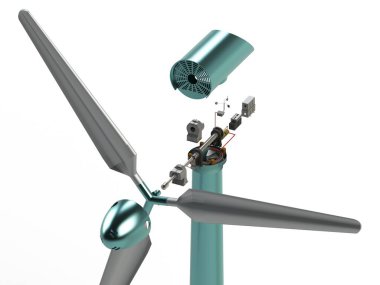 Rüzgar santrali montaj parçaları 3 boyutlu görüntüleme beyaz üzerine izole