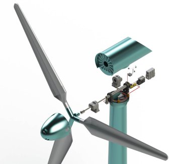 Rüzgar santrali montaj parçaları 3 boyutlu görüntüleme beyaz üzerine izole