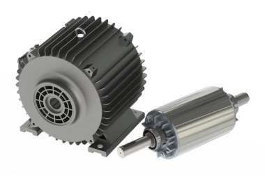 Motor 3D illüstrasyon için kullanılan durağan konut ve rotor, beyaz arkaplan