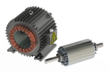 Motor 3D illüstrasyon beyaz arkaplan için durağan konut ve rotor