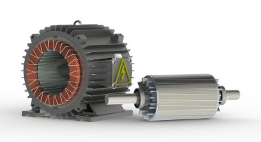 Motor 3D illüstrasyon için durağan konut ve rotor, beyaz arkaplan