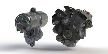 Elektrik motoru benzin motoruna karşı 3D illüstrasyon