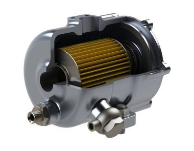 Otomobil yakıtı filtresi kesimi 3 boyutlu görüntüleme beyaz üzerine izole edildi