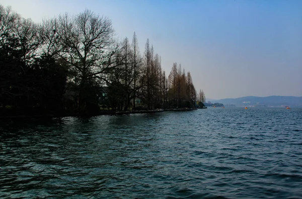 Een Rustig Zeegezicht Met Bomen Bergen Bij Zonsondergang Dramatische Lucht — Stockfoto