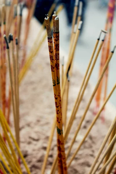 stock image The close-up of incense sticks in a Chinese temple in Hong Kong. Incense sticks with Chinese blessings.  Translation: Wish your business success and grant whatever is asked.