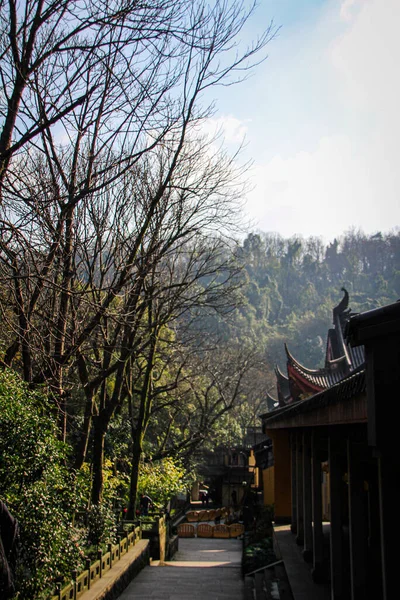 Sonbahar Mevsiminde Arka Planda Çıplak Ağaçlar Dağlarla Çin Tapınağının Arkasında — Stok fotoğraf