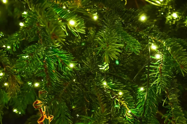 Close-up of the Christmas tree with lightings. Festival celebration concept.