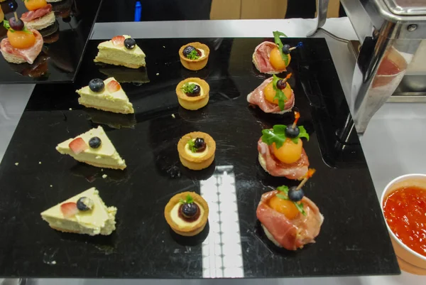 Various food displaying on the table, the view of catering service. Party and gathering concept.