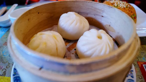 Close-up of the steamed prawn dumplings. Chinese traditional dim sum. Chinese food cultures. Chinese traditional food. Food concept.