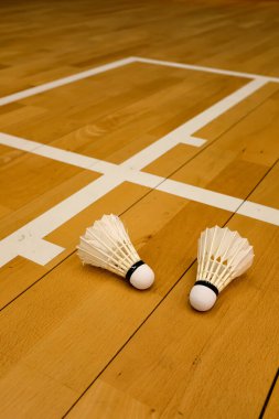 Badminton kortundaki, spor merkezindeki mekik horozlarına yakın çekim. Spor ve eğlence konsepti.