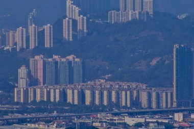Hong Kong Tepesi 'nden Hong Kong şehir manzarası. Hong Kong 'un güzel ve çarpıcı manzarası. Hong Kong Şehri ve ufuk çizgisi. 