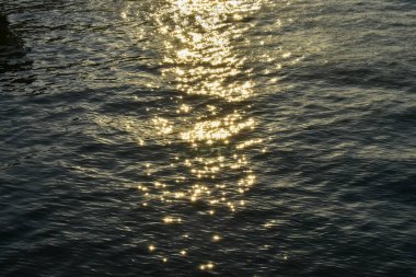 Su üzerindeki altın güneş ışığının yansıması. Işıl ışıl güneş ışığıyla gün batımı deniz manzarası. Gün batımı ışığı okyanusa vuruyor. Günbatımı deniz arkaplanı.