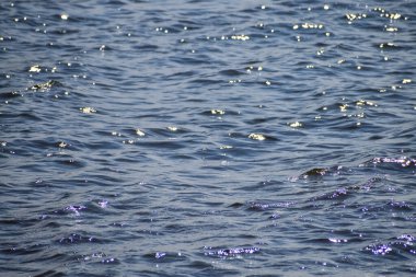 Denize yakın, güneşli bir günde sakin bir su. Parlak dalga deseni, dalga deseni. Deniz arka planı. Doğa konsepti.