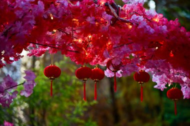 Close-up of the Chinese traditional red lantern decor with artificial peach blossom flower in outdoors. Festive decoration and celebration. Chinese New Year decoration. For background use. clipart