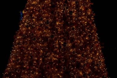 Renkli süslemelerle Noel ağaçlarının yakın çekimi. Şenlik dekorasyonu. Süs eşyalarıyla dolu. Kış mevsimi, kış festivali. Noel kutlaması, Xmas kutlaması. Arkaplan kullanımı için.