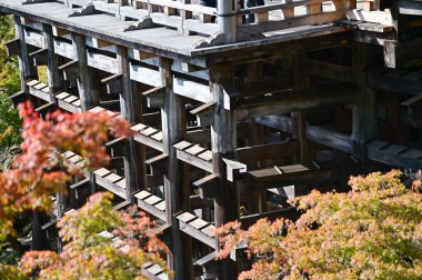 Japonya, Kyoto 'daki ağaçlarla kiyomizu-dera tapınağının yapısına yakın çekim. Japonya 'nın Kansai bölgesinde önemli bir turistik ilgi merkezi. Japonya 'nın ünlü tarihi mimarisi. Soyut inşa ediliyor. Seyahat kavramı