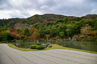 Sonbaharda Tenryuji Tapınağı 'nın bahçe sahnesi. Japonya 'daki ünlü tapınak. Tenryuji Tapınağı Kyoto 'da geleneksel bir Japon tapınağıdır. Sonbahar ve bahçe manzarası. Doğa ve Seyahat kavramı.