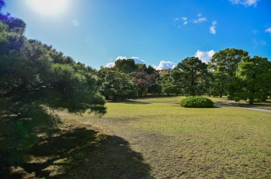 Japonya, Kyoto 'daki Nijo Şatosu' nun Japon garaj manzarası. Dünya Mirası Bölgesi, Japonya 'nın Kyoto şehrinde eski bir Japon mimarisi. Güneşli bir günde Nijo Kalesi 'nin güzelliğinin arkaplan manzarası.