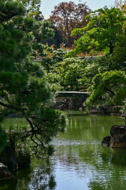 Japonya, Kyoto 'daki Nijo Şatosu' nun Japon garaj manzarası. Dünya Mirası Bölgesi, Japonya 'nın Kyoto şehrinde eski bir Japon mimarisi. Güneşli bir günde Nijo Kalesi 'nin güzelliğinin arkaplan manzarası.