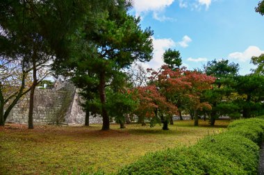 Japonya, Kyoto 'daki Nijo Şatosu' nun Japon garaj manzarası. Dünya Mirası Bölgesi, Japonya 'nın Kyoto şehrinde eski bir Japon mimarisi. Güneşli bir günde Nijo Kalesi 'nin güzelliğinin arkaplan manzarası.