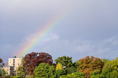 Rainbow on the sky from the view of nijo jo castle, Kyoto, Japan. World Heritage Site. Major tourist attraction in Kansai region in Japan. Japan famous historic architecture. Nature scene. clipart