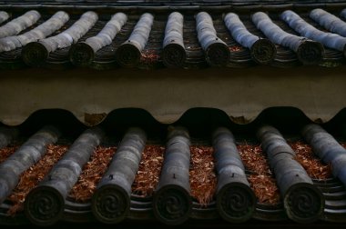 Nijo Kalesi 'nin çatısında, Kyoto, Japonya. Dünya Mirası Alanı. Çatı kiremit deseni. Japonya 'nın Kansai bölgesinde önemli bir turistik ilgi merkezi. Japonya 'nın ünlü tarihi mimarisi. Dış bina inşa ediliyor.