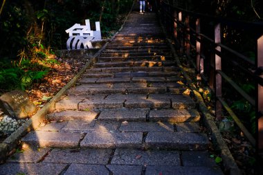 Close up of Xiangshan Hiking Trail with sunlight during the sunset. A natural trail near downtown Taipei, also known as Elephant Mountain. Travel and nature scene.Translation: Xiangshan  clipart