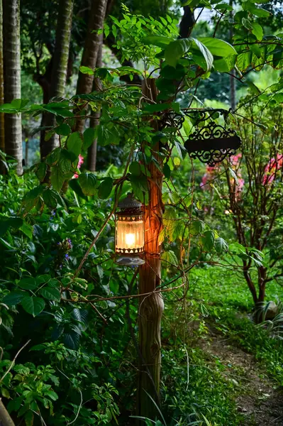 Bahçede çok güzel renkli bir lamba var. Dışarıda Retro tarzı fener var. Antika fener. Doğa konsepti.