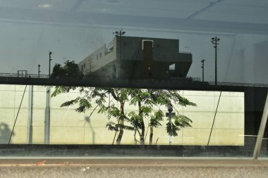 Ağaç sahnesiyle pencereden bak. Pencereden bahçeye bak. Ağaçlara bakan pencere. Doğa sahnesi. Doğa, ağaç arkaplanı.