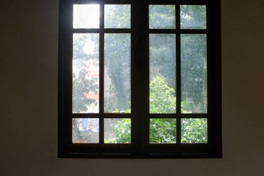 Ağaç sahnesiyle pencereden bak. Pencereden bahçeye bak. Ağaçlara bakan pencere. Doğa sahnesi. Doğa, ağaç arkaplanı.