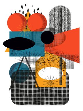 Soyut modern sanat posteri. Dokuları olan minimalist geometrik şekiller. Ev dekorasyonu ya da broşür kapağı tasarımı. Film projektörü. Sinema ekranı. Sinema. Orta yüzyıl modern tarzı.