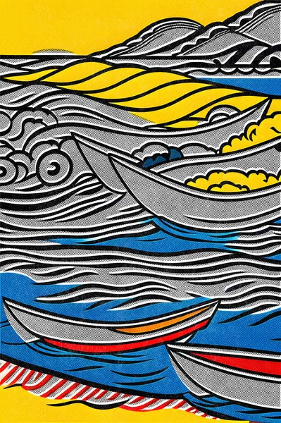 Boats - a drawing of a boat in the ocean. Abstract background. colorful stripes on the wall. hand drawn illustration.