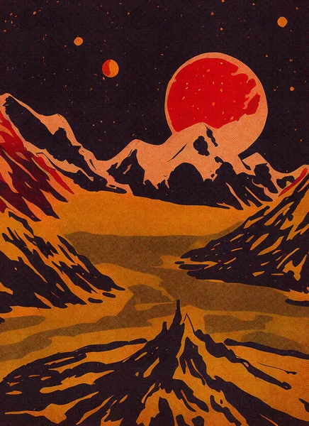 Diğer Gezegenlerin Güzelliği Başka Bir Gezegendeki Dağların Resmi Arkasında Kırmızı — Stok fotoğraf